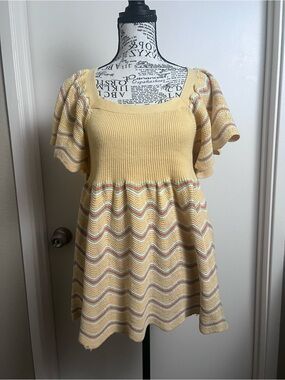 K.B. Collections Large Yellow Cotton Knit Babydoll Top Flutter Sleeve Boho